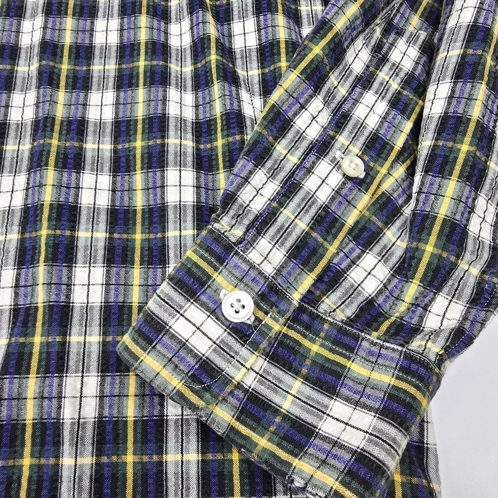 VTG POLO RALPH LAUREN Men L Plaid SEERSUCKER Button-Up‎ Shirt GREEN PONY Golf